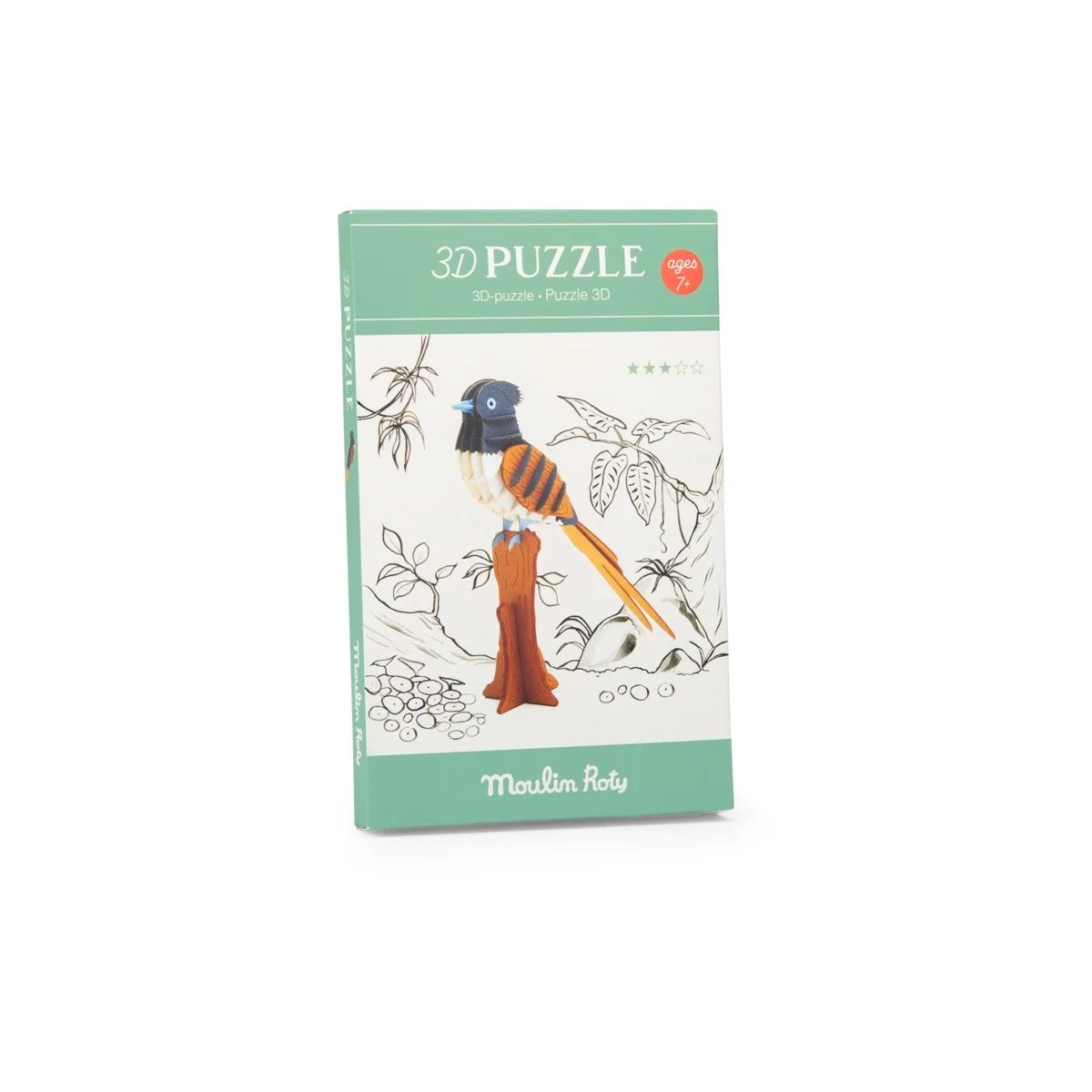 Boîte puzzle 3D Gobe-mouche de paradis Moulin Roty, couleur verte et illustrée.