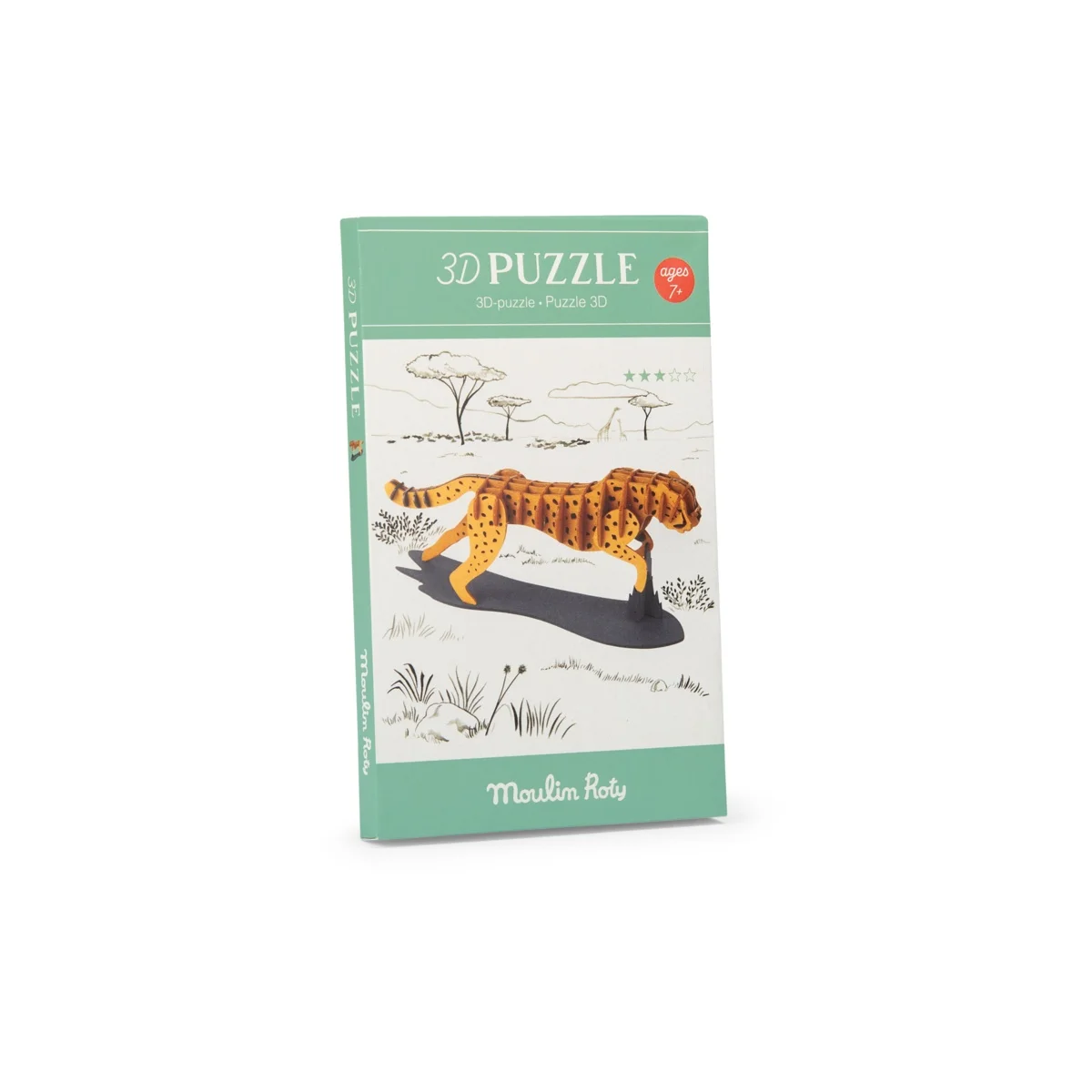 Boîte verte Puzzle 3D Guépard avec illustration savane et guépard orange à pois noirs