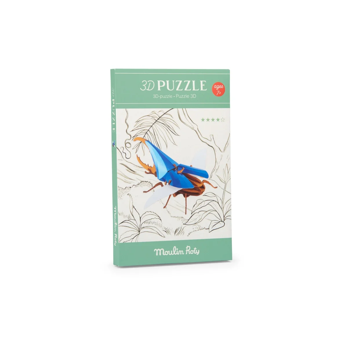 Boîte puzzle 3D Scarabée Hercule bleu et orange Moulin Roty, dessin feuilles