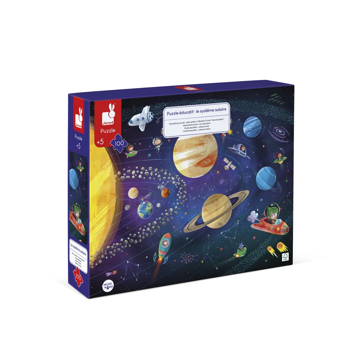 Boîte puzzle 100 pièces Janod système solaire planètes colorées et fusées.
