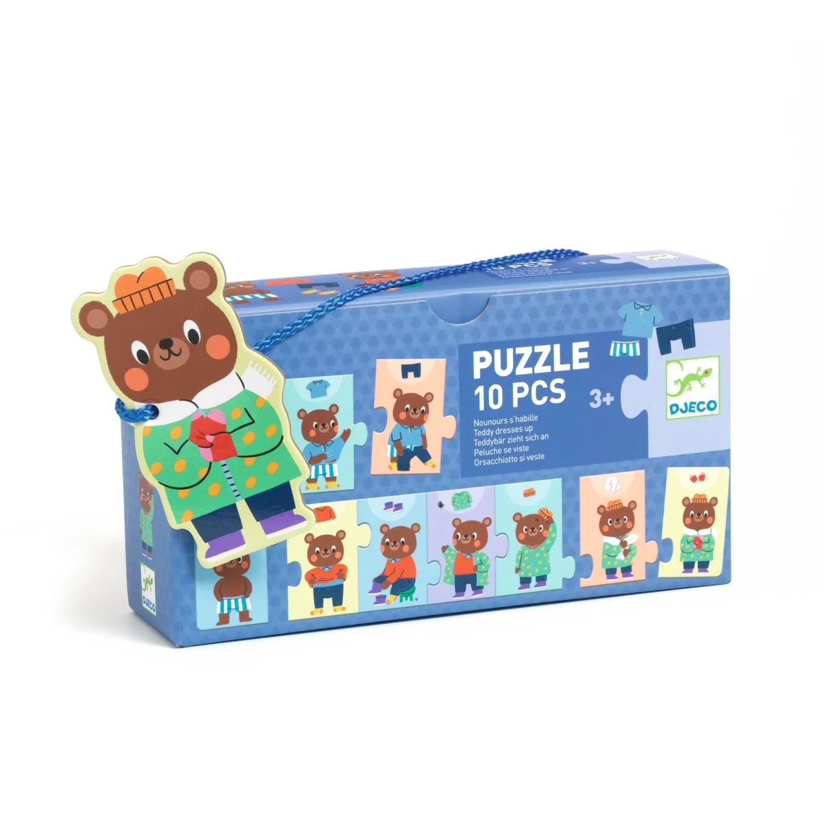 Boîte puzzle 10 pièces Nounours s'habille avec ours en manteau vert et bonnet orange