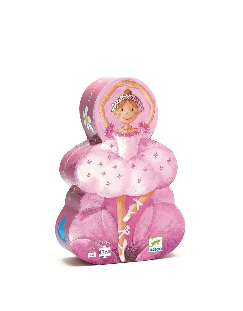 Puzzle 36 pièces Djeco en forme de ballerine rose avec une fleur blanche