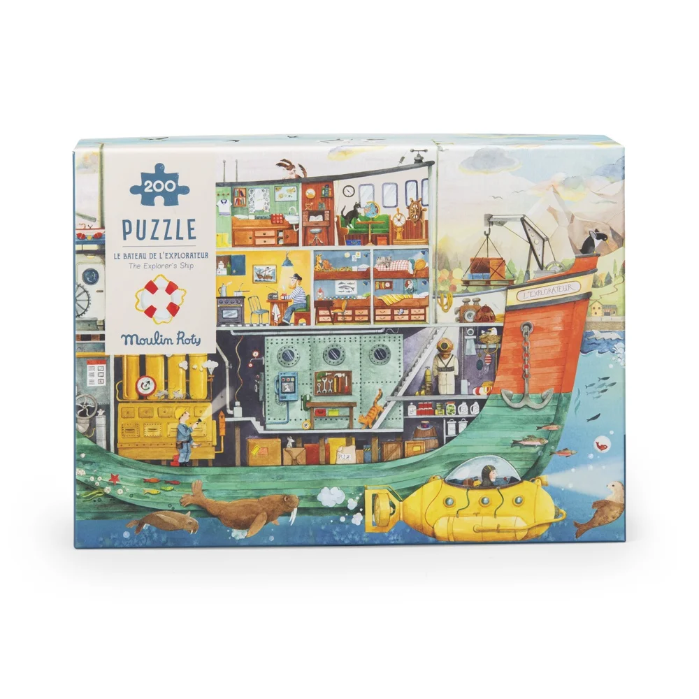 Puzzle 200 pièces Le bateau, illustration colorée d'un grand navire et sous-marin jaune.