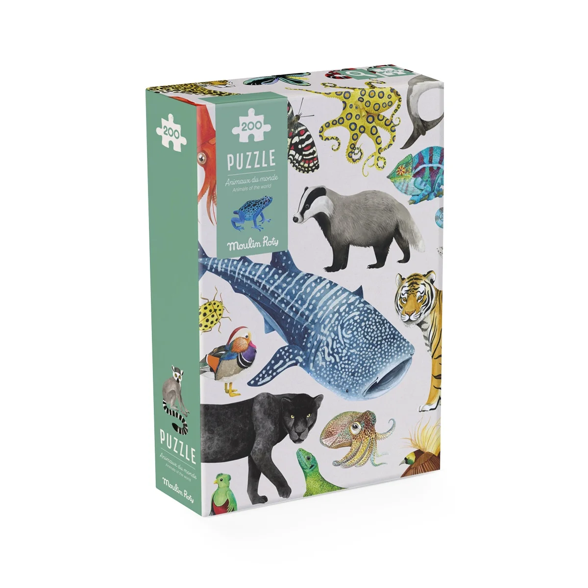 Boîte puzzle 200 pièces Moulin Roty animaux du monde colorés illustrés