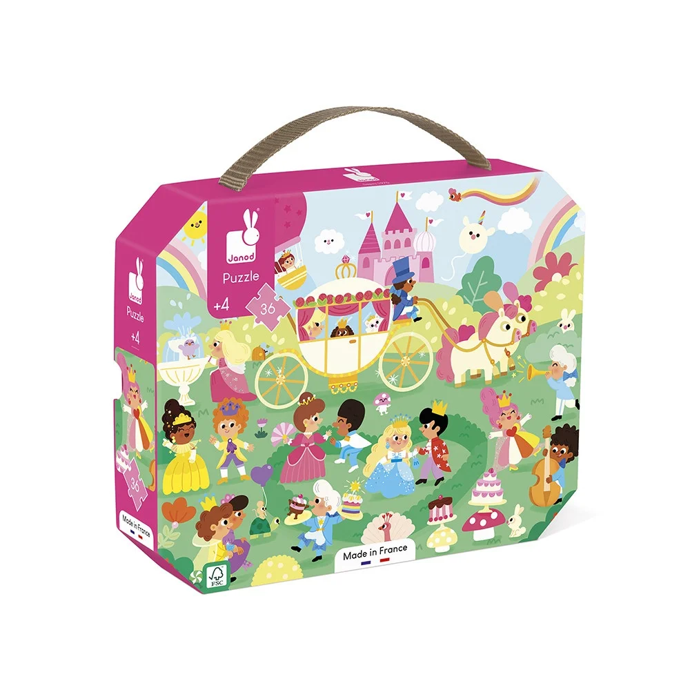 Boîte puzzle Les princesses 36 pièces Janod, illustration colorée princesse, carrosse, animaux, fête