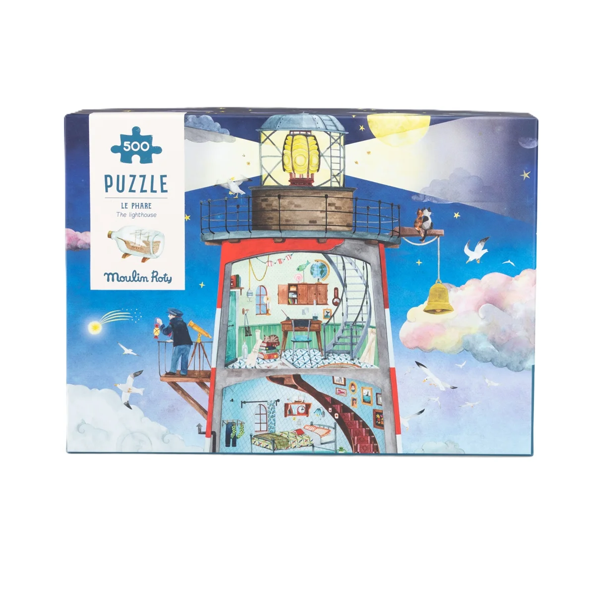 Puzzle 500 pièces Moulin Roty, phare avec intérieur détaillé et ciel étoilé.
