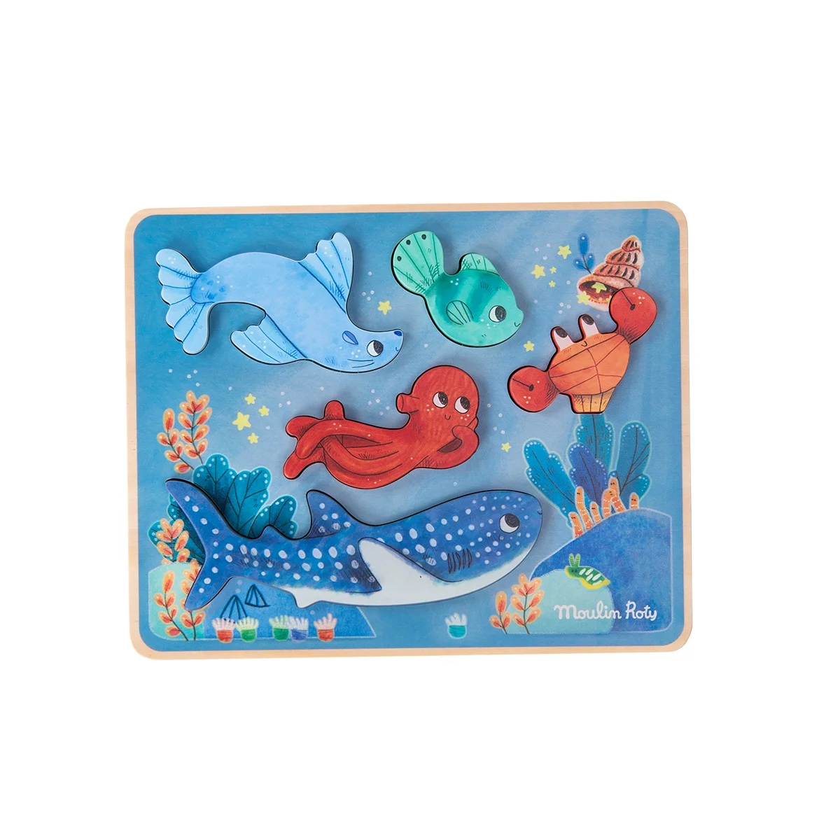 Puzzle sensoriel bois Les aventures de Paulie avec animaux marins colorés et décors sous-marins.