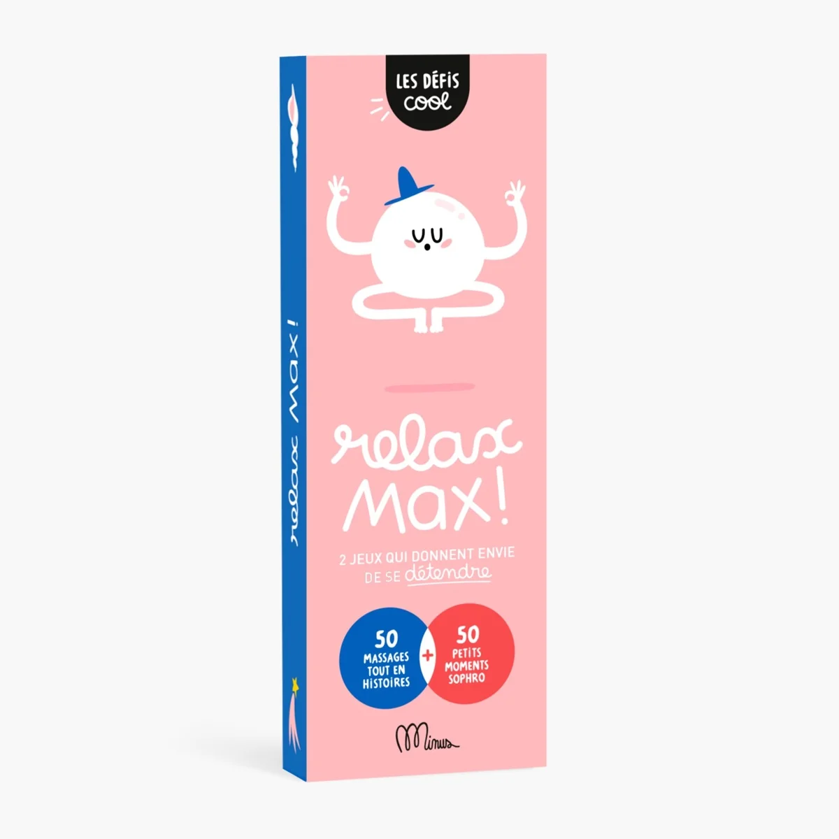 Boîte rose jeu Relax max Minus avec personnage blanc méditant et texte blanc et bleu.