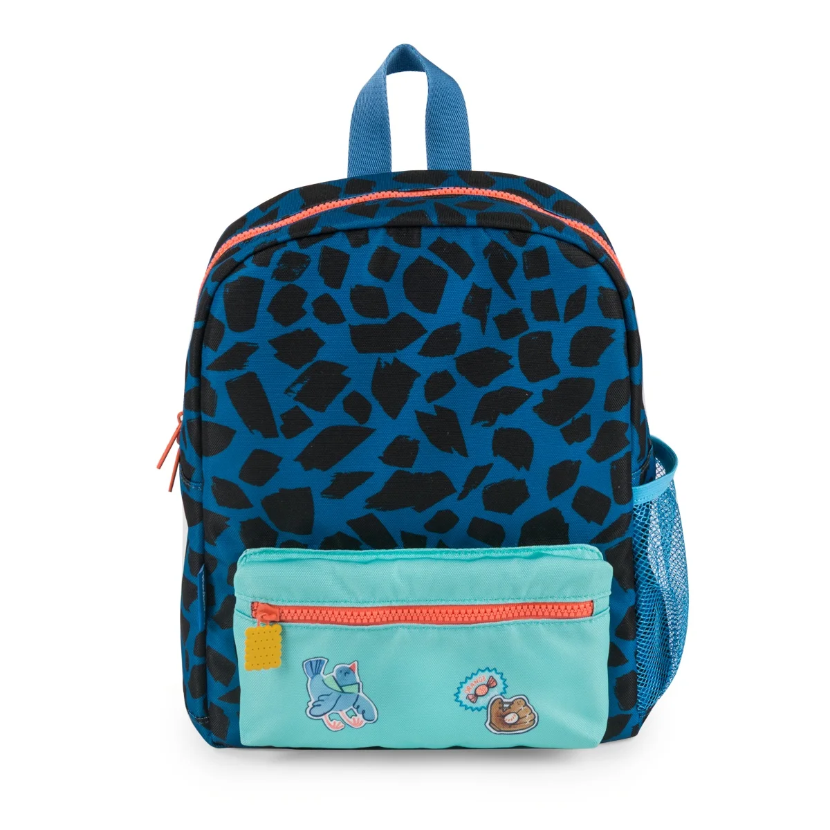 Sac à dos Bleu Puce et Pilou bleu avec motif taches noires, poche turquoise et patchs animaux.