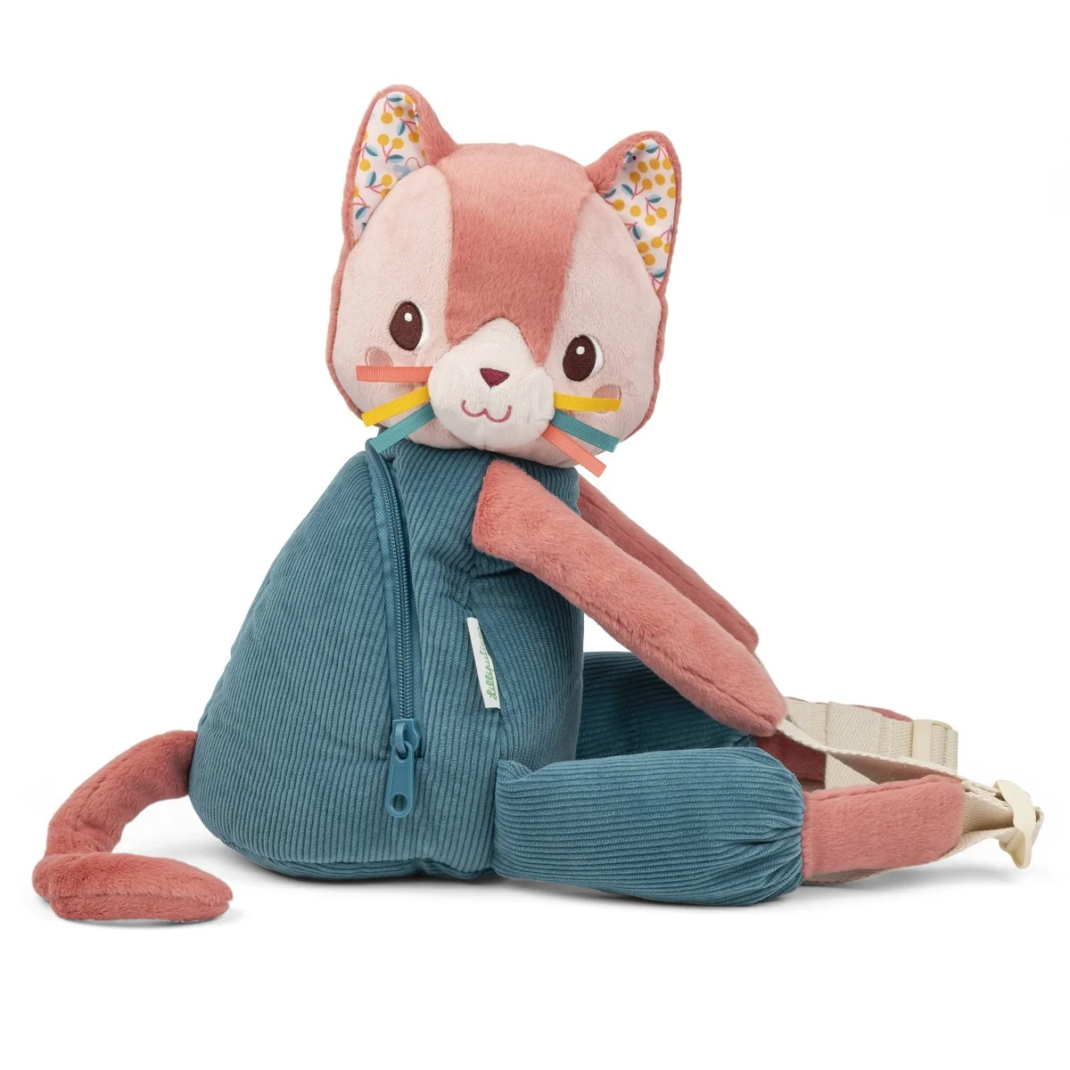 Sac à dos doux Jeanne le chat en tissu rose et bleu avec motifs floraux intérieurs oreilles
