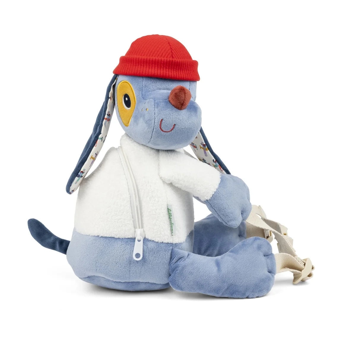 Sac à dos doux Jules le chien bleu avec veste blanche et bonnet rouge Lilliputiens