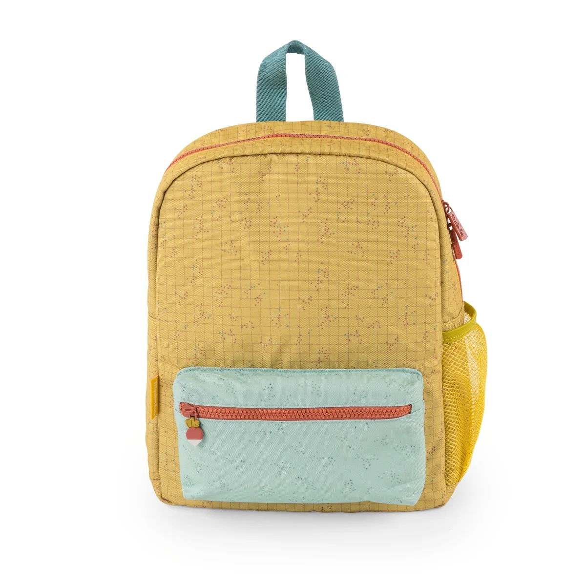 Sac à dos ocre avec petite poche bleue, motifs Trois petits lapins, poignée bleue