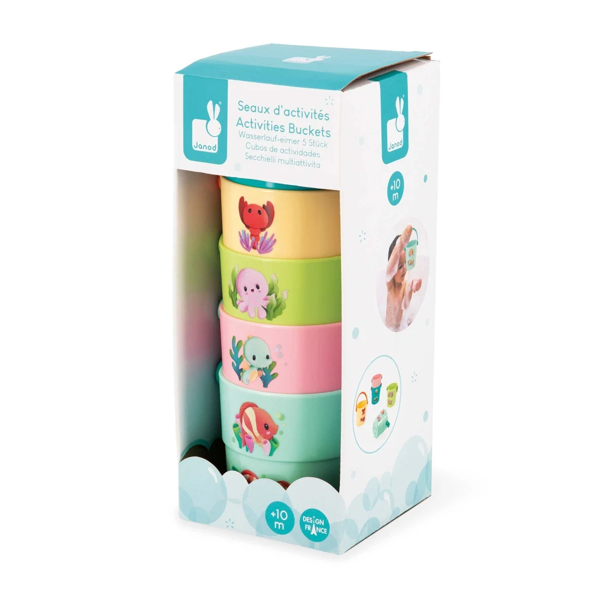 Quatre seaux de bain empilables pastel avec dessins d'animaux colorés, Janod.
