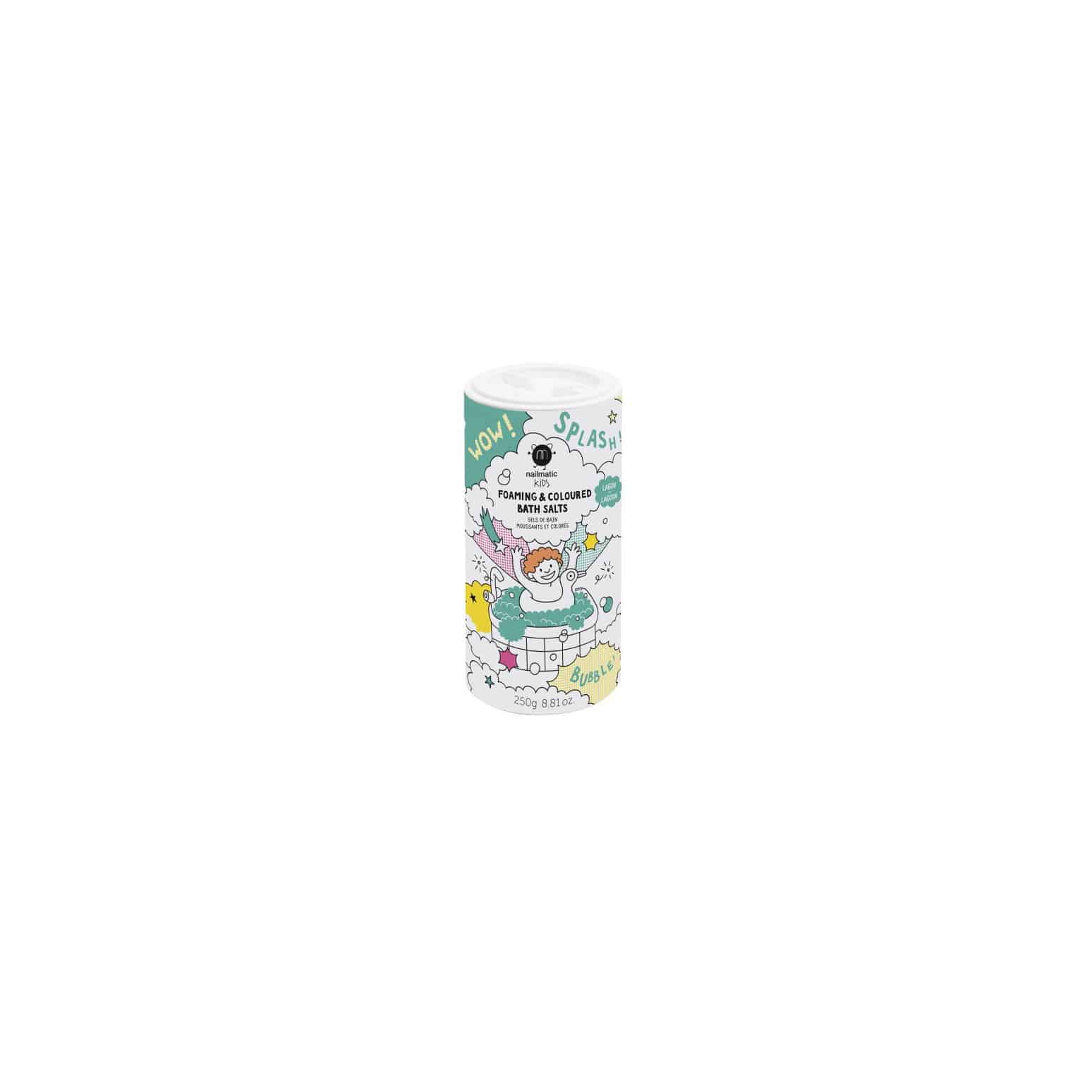 Boîte cylindrique sel de bain Vert Lagon Nailmatic, illustration enfant dans baignoire.