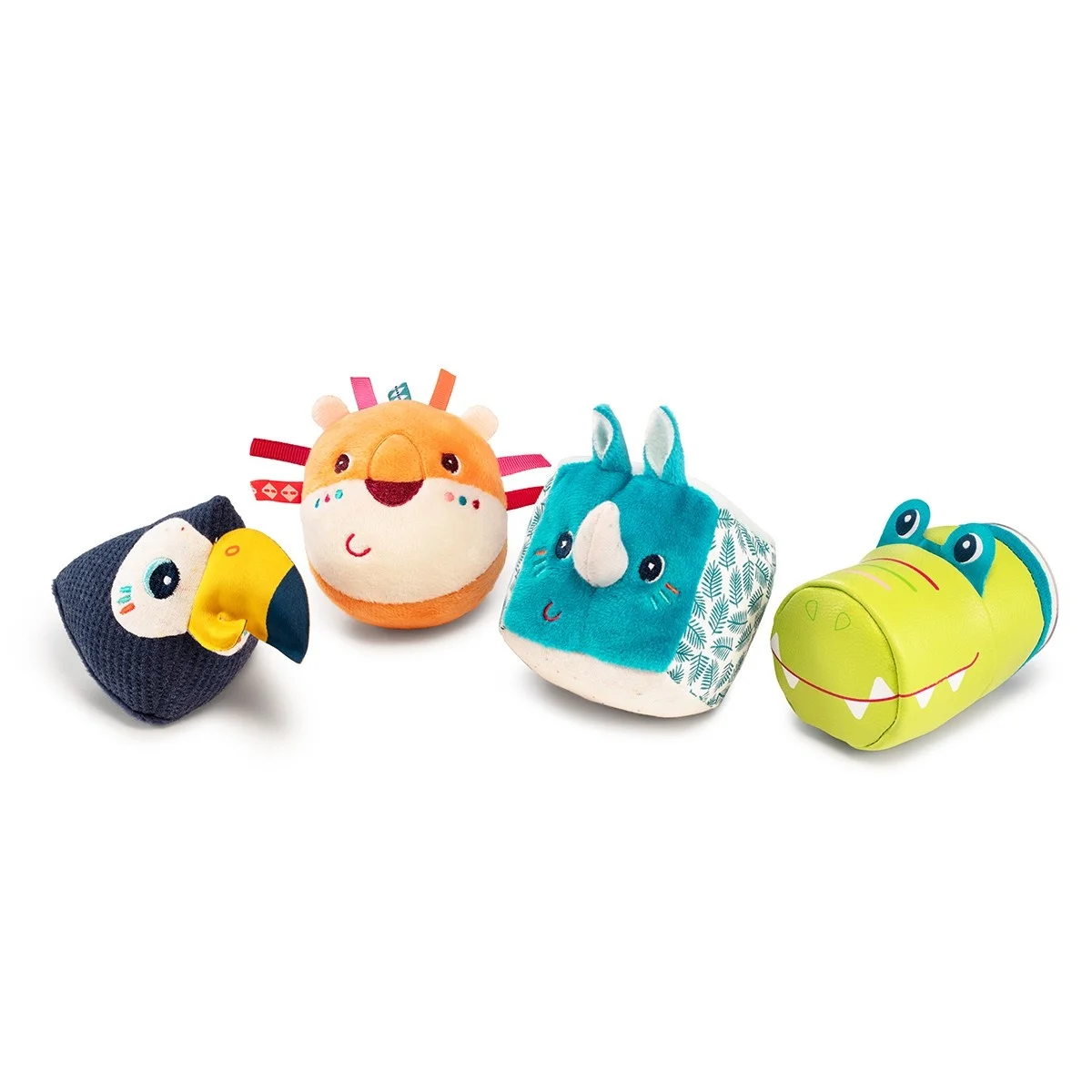 Set de 4 formes jungle Lilliputiens : toucan, lion, rhinocéros cube, crocodile vert.