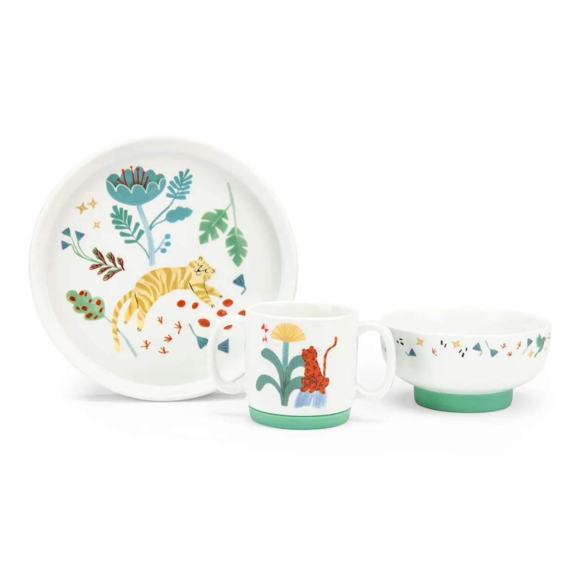 Set vaisselle porcelaine La forêt Mawa avec tigres et motifs végétaux colorés.