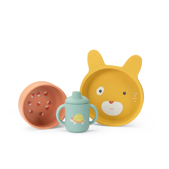 Set vaisselle silicone Trois petits lapins - Moulin Roty
