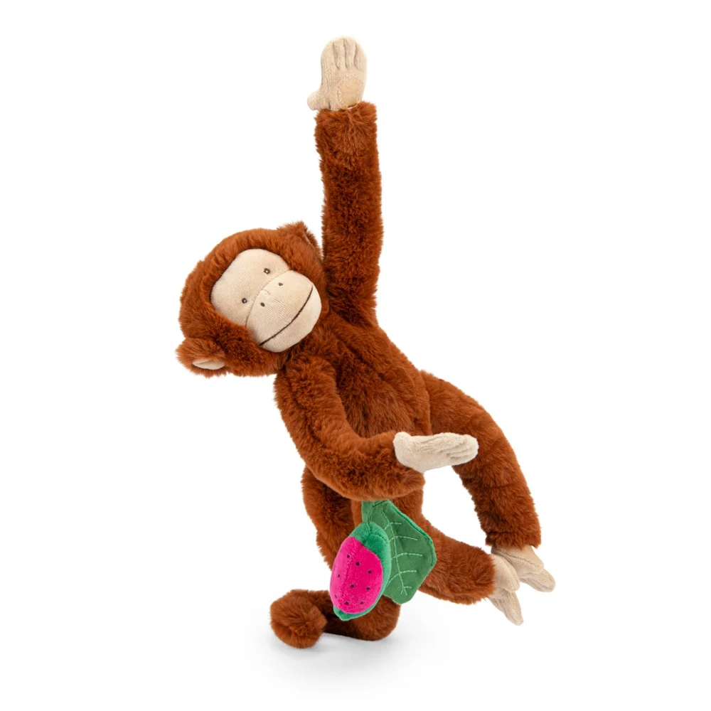 Singe Mochica en peluche brune à suspendre avec feuille et fruit rose Moulin Roty