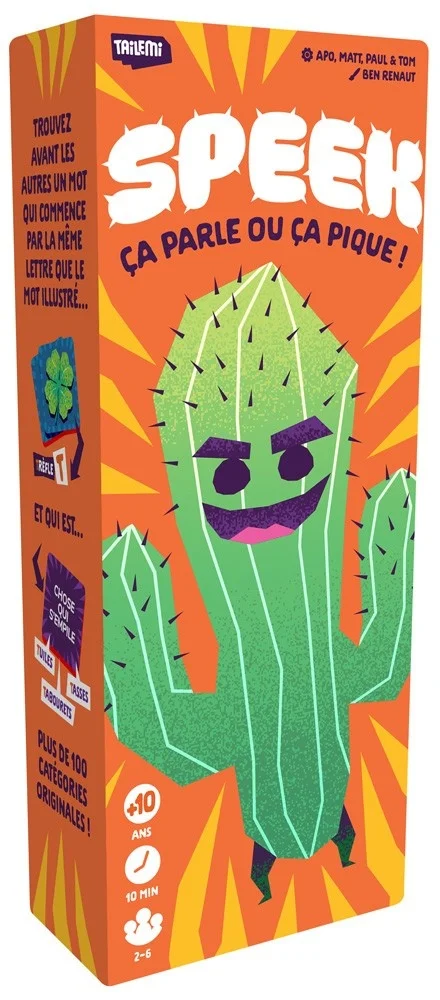Boîte orange du jeu SPEEK Gigamic avec cactus vert souriant illustré.