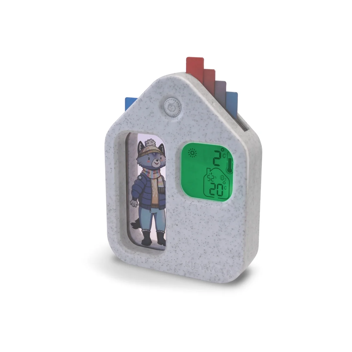Station météo éducative Kidyweather en forme de maison grise, écran LCD vert et personnage renard habillé hiver.