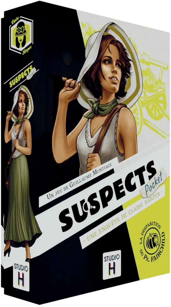 Boîte de jeu Suspects Pocket avec illustration femme en robe verte et chapeau blanc.