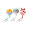 Trois balles de bain Joe Lilliputiens, bleu, vert et orange, avec ventouses.
