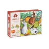 Boîte de 4 mini puzzles Moulin Roty avec illustrations d'animaux du jardin colorés.
