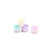Quatre pots de peinture à doigts pastel Les Rosalies Moulin Roty, jaune, vert, violet, rose.