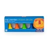 Cinq crayons de cire Les Popipop couleurs jaune, orange, vert, bleu en emballage bleu Moulin Roty.