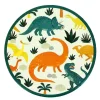 Assiette ronde en carton avec dessins colorés de dinosaures et plantes vertes