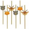 Six pailles en papier avec têtes d'animaux de la forêt, ours, renard, cerf.