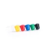 Six petits pots de peinture à doigts Les Popipop, couleurs blanc, jaune, rouge, bleu, vert, noir, plastique transparent