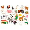 Aimants en bois Farmix Djeco, animaux de la ferme colorés et jouet tracteur rouge.
