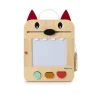 Ardoise magique Louis le loup en bois clair avec oreilles rouges, boutons colorés.