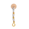 Attache-tétine bois clair avec perles silicone jaunes, beige et anneau rond jaune Moulin Roty