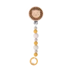 Attache-tétine lion en bois clair avec perles silicone jaunes, blanches et grises