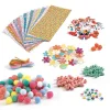 Feuilles colorées à motifs, pompons, perles, fleurs et animaux en papier Djeco.