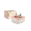 Boîte à musique La petite école de danse, figurines souris danseuses roses et bleues, base beige et rose.