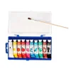 Boîte bleue ouverte avec 10 tubes de gouache colorés Europrice et pinceau bois