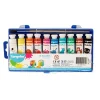 Boîte plastique bleue contenant 10 tubes gouache Europrice avec pinceau inclus.