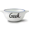 Bol Breton Geek blanc en faïence avec bordure bleue et inscription noire "Geek