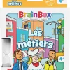 Packaging BrainBox Les métiers avec illustration personnages et sablier intégré.