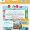 Packaging blanc et jaune BrainBox Pocket Métiers avec illustration couleurs gardien de zoo, dé, sablier et cartes jeu