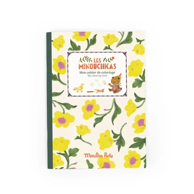 Cahier de coloriage Les Minouchkas avec couverture fleurs jaunes et petit personnage cartoon