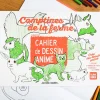 Cahier de dessin animé Comptines de la ferme avec animaux verts et noirs, crayons autour.