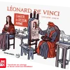 Couverture cahier dessin animé Léonard De Vinci, peintre avec palette, modèle assise, cheval blanc.