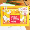 Cahier jaune Les Fables de La Fontaine avec lion, renard, oiseau et crayons de couleur autour