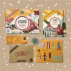 Calendrier de l'Avent'ure En Cavale avec boîte, livret, planche personnages et ticket voyage couleur jauneorangé.
