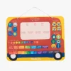 Calendrier magnétique Popipop rouge et jaune en forme de bus avec roues noires.