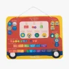 Calendrier magnétique Popipop Moulin Roty en forme de bus rouge et jaune, aimants colorés jours, mois, météo.